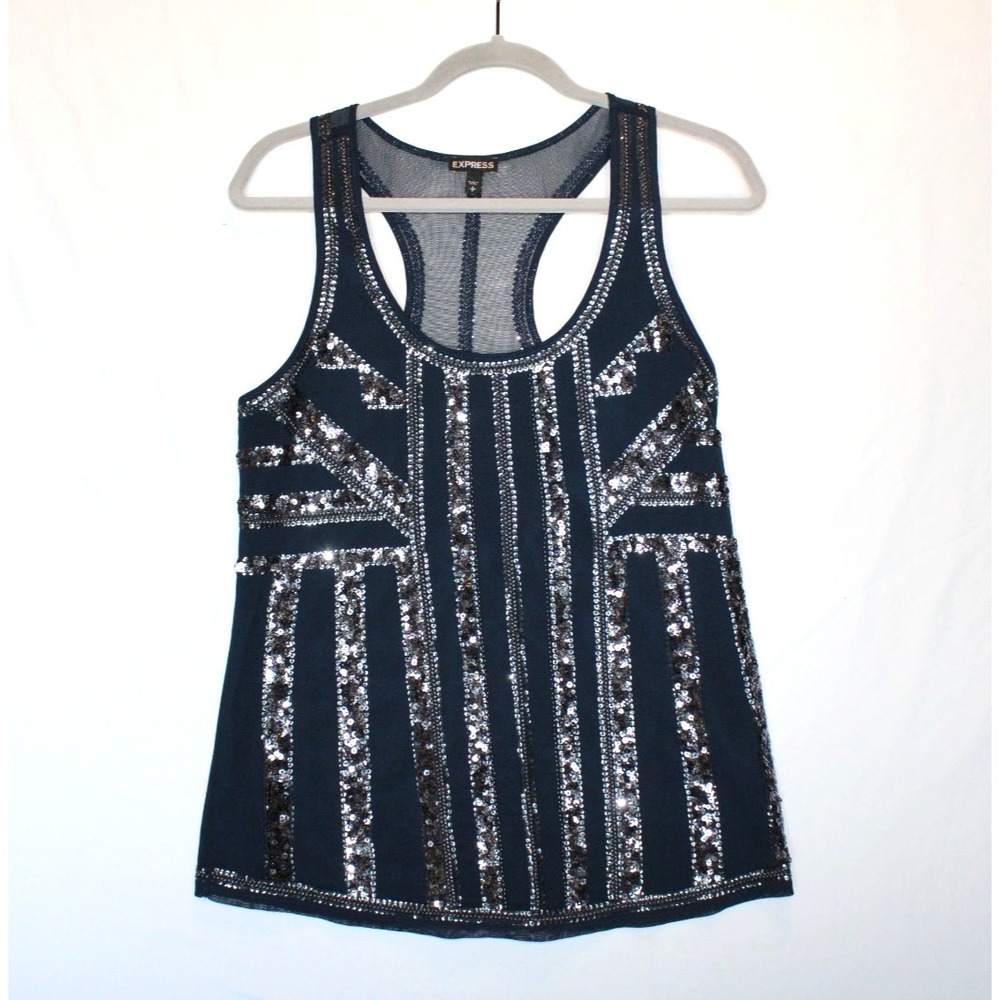Express Women Sleeveless Navy Blue Beaded Sequin Formal Tank Blouse Lined Small